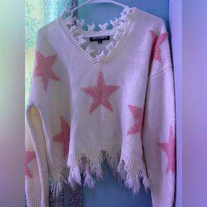 White and pink Sweet and Sinful distressed sweater